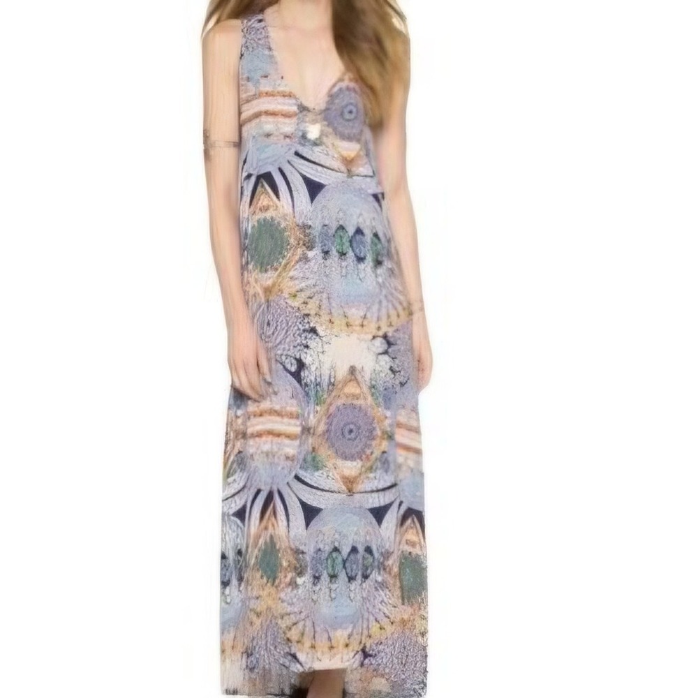 Flynn Skye Womens M‎ Bohemian Feather Print Sleeveless high low Day maxi dress